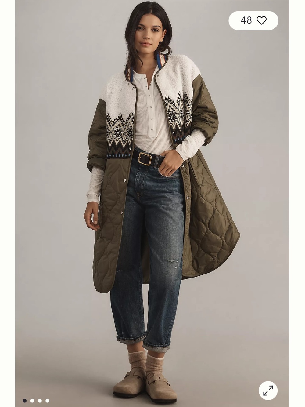 Anthropologie Fairisle Mixed Coat in Olive Green Sherpa Quilted Sz Small Petite